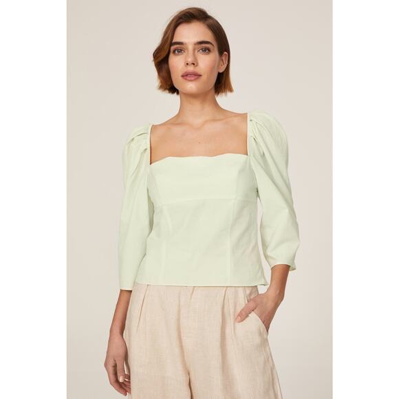 VINCE Green Cotton Square Neckline Three-Quarter Sleeves Draped Top Size 12 - Picture 1 of 13